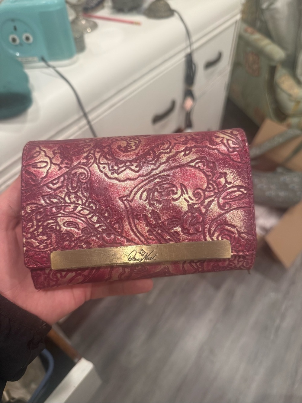 Patricia Nash Embossed Floral Fold-Over Wallet — Burgundy with Gold Bar